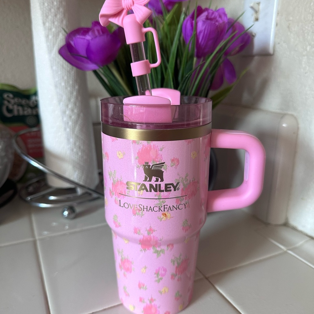 Stanley Pink Floral Tumbler with Handle and Straw